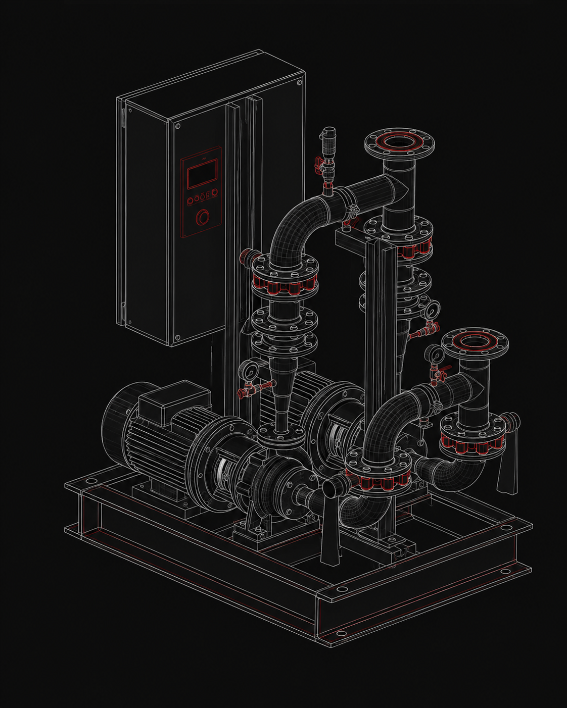 Custom engineered pump package fabricated by RED Systems — centrifugal pump, motor, piping and control panel on fabricated steel baseplate